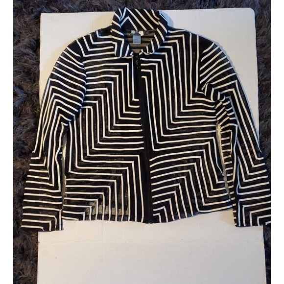 Damee Inc XL Sheer Retro Mesh Black White Geometric Striped Zip Up Jacket Shirt - Picture 1 of 9